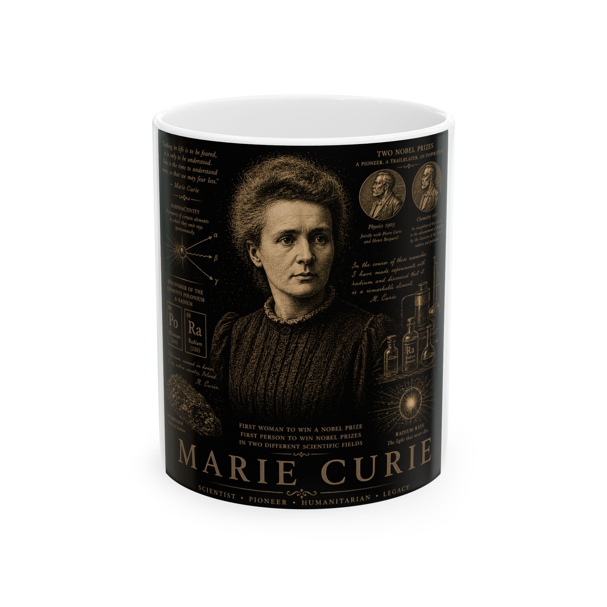 Marie Curie Commemorative Ceramic Mug — Inspirational Scientist Quote Coffee Cup (11oz/15oz)