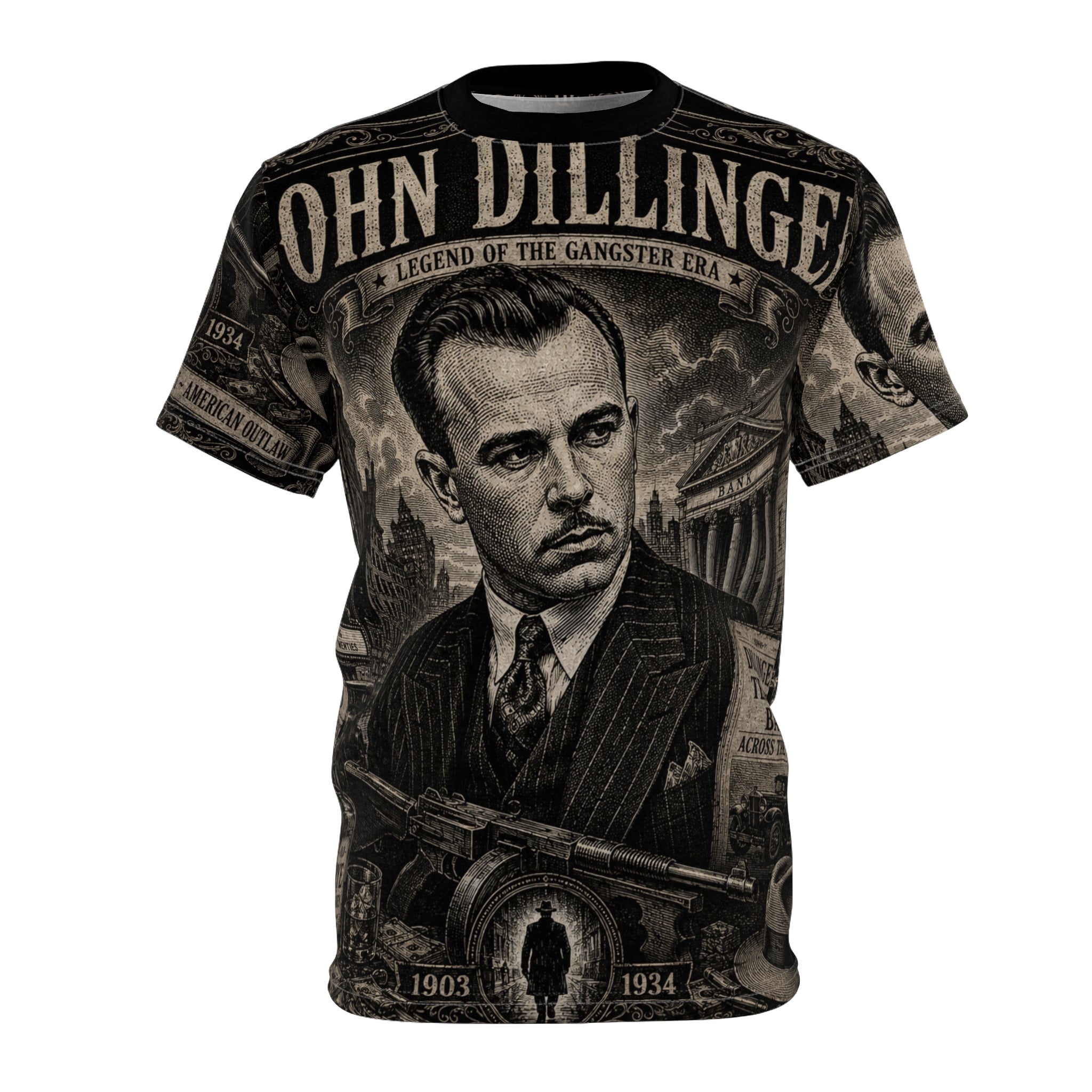 John Dillinger Vintage Gangster Tee — All-Over Print Tribute Shirt