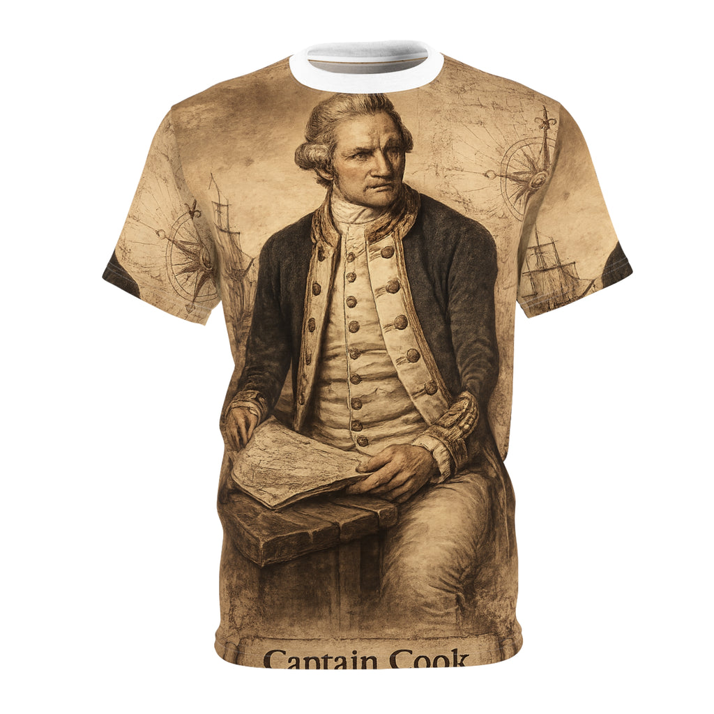 Captain Cook Portrait Tee — Vintage Nautical Exploration All-Over Print Shirt