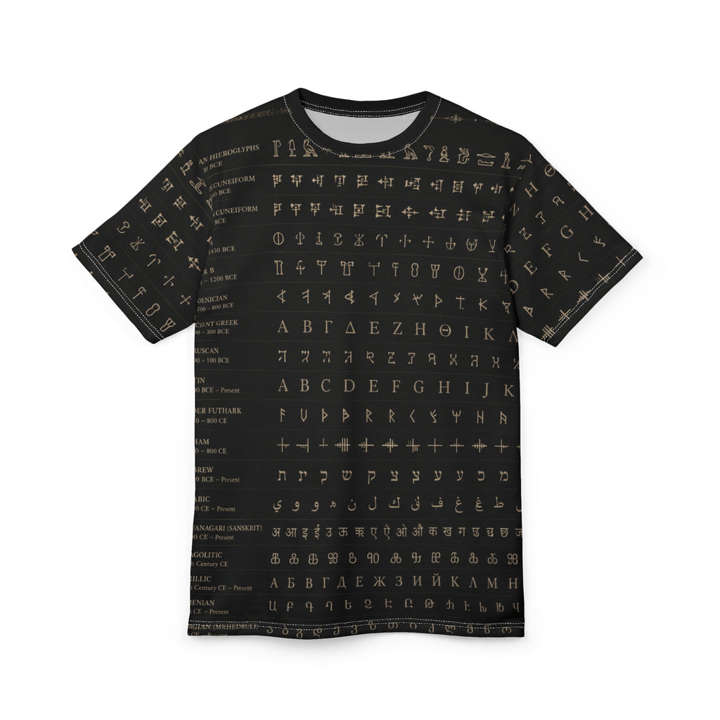 Alphabet Script Pattern Tee — Multilingual Ancient & Modern Lettering All-Over Print