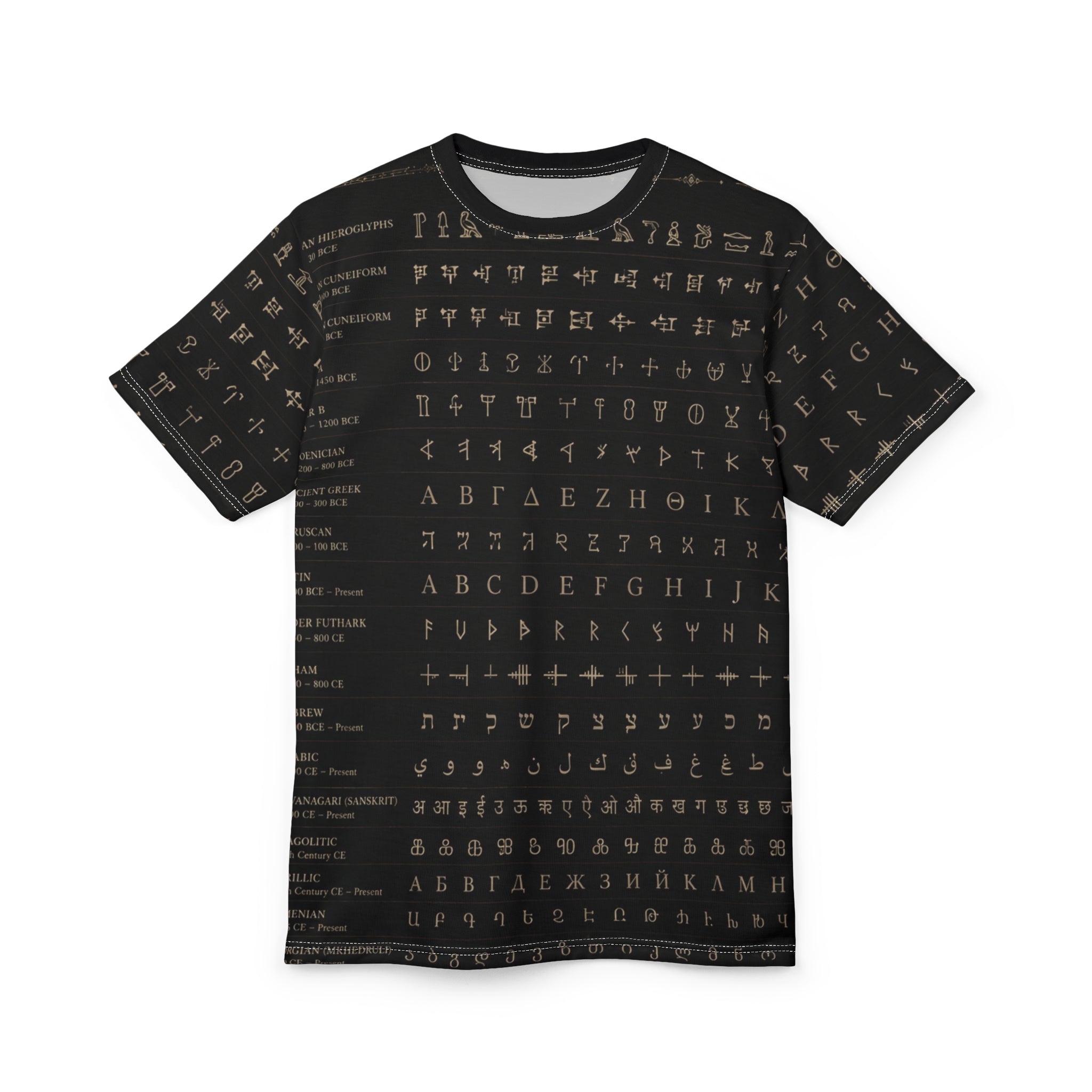 Alphabet Script Pattern Tee — Multilingual Ancient & Modern Lettering All-Over Print