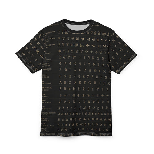 Alphabet Script Pattern Tee — Multilingual Ancient & Modern Lettering All-Over Print