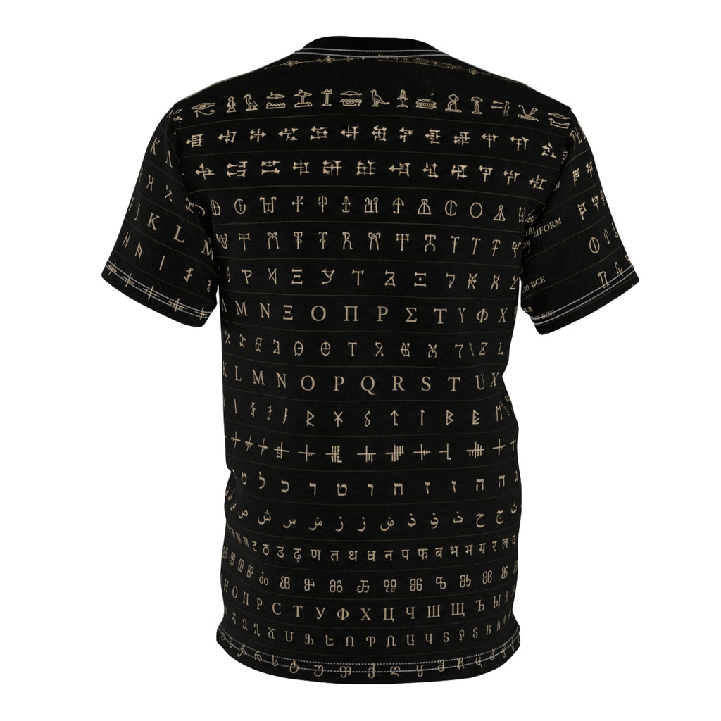 Alphabet Script Pattern Tee — Multilingual Ancient & Modern Lettering All-Over Print