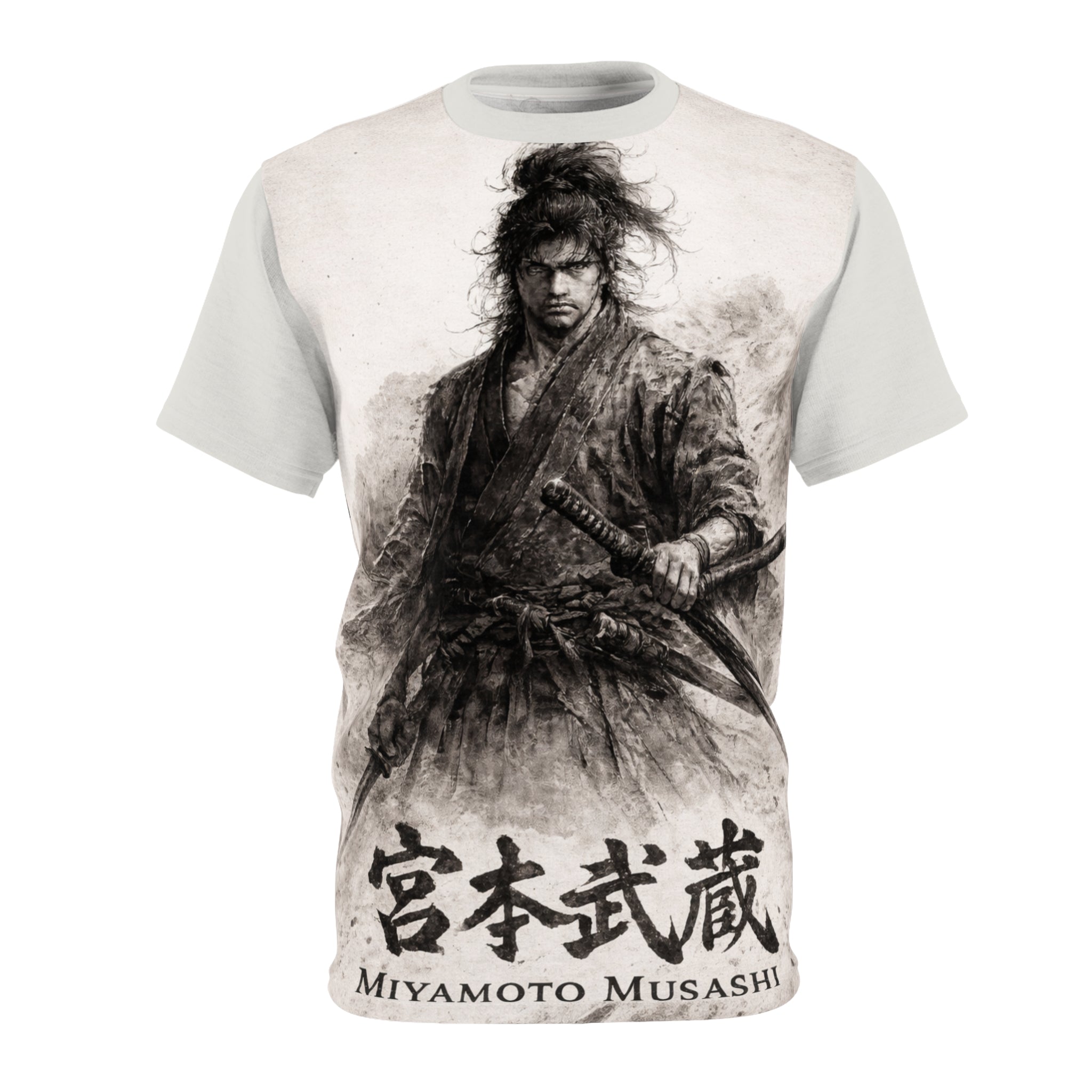 Miyamoto Musashi Samurai Tee — Vintage Sumi-E Warrior All-Over Print