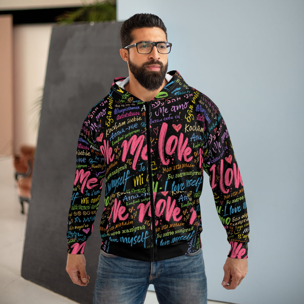 Self-Love Zip Hoodie — "I Love Me" Multilingual All-Over Print