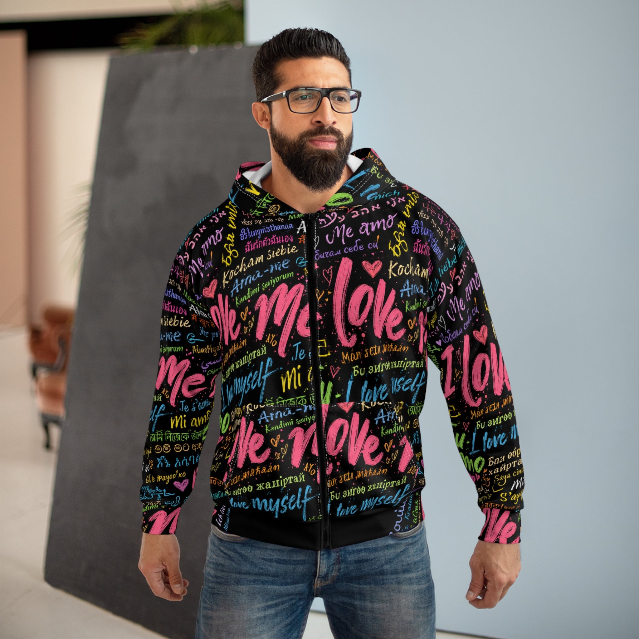 Self-Love Zip Hoodie — "I Love Me" Multilingual All-Over Print