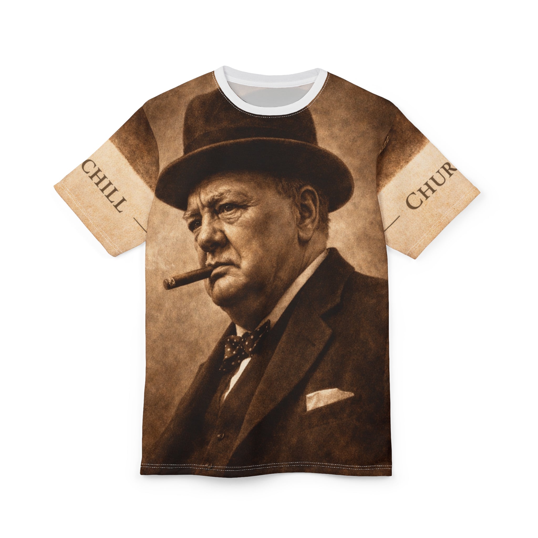 Winston Churchill Portrait Tee — Sepia Cigar Portrait All-Over Print