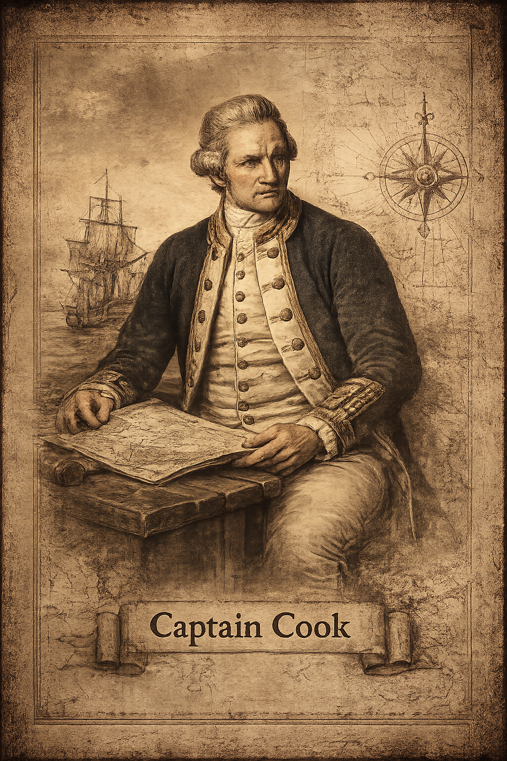 Captain Cook Portrait Tee — Vintage Nautical Exploration All-Over Print Shirt